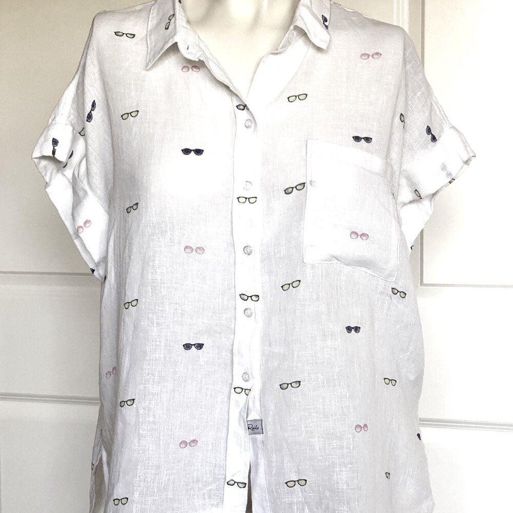 RAILS LINEN BLEND WHITE EYEGLASSES PRINT SHORT SLEEVE BLOUSE SIZE: S